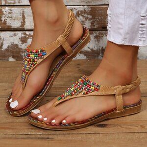 Beaded Faux Leather Open Toe Sandals in Caramel